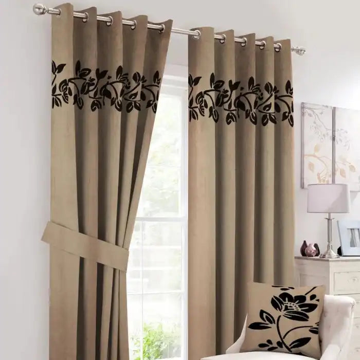 2 Pcs Luxury Floral Velvet Curtains Camel