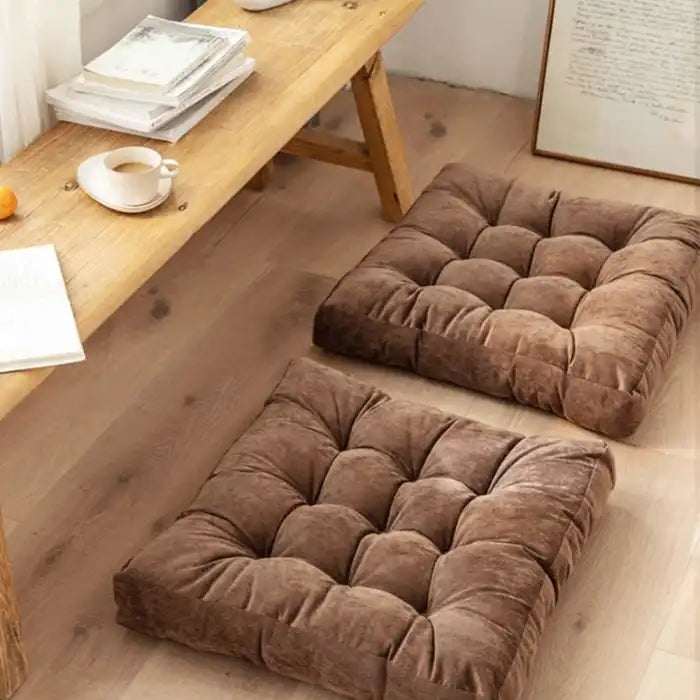 2 Square Velvet Floor Cushion Pair Brown Bedding