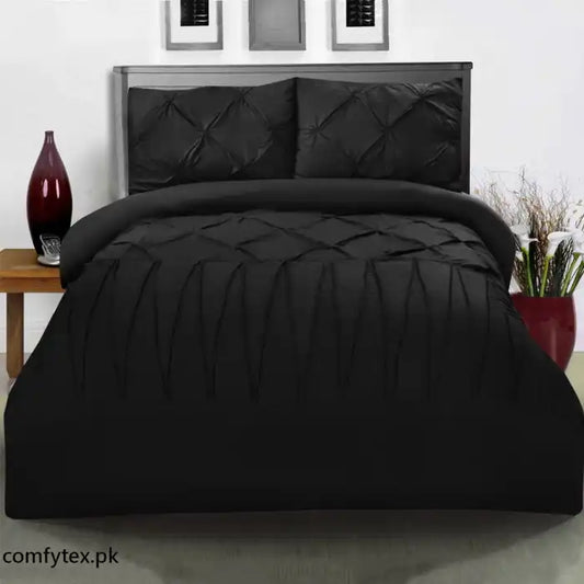 3 Pcs Pintuck & Cross Pleated Duvet Set - Black