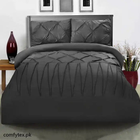 3 Pcs Pintuck & Cross Pleated Duvet Set - Grey