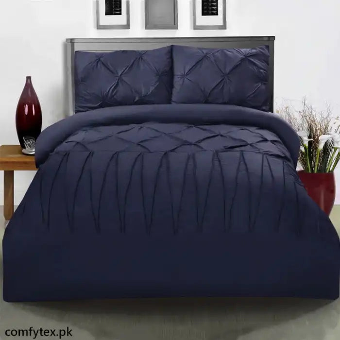 3 Pcs Pintuck & Cross Pleated Duvet Set - Navy