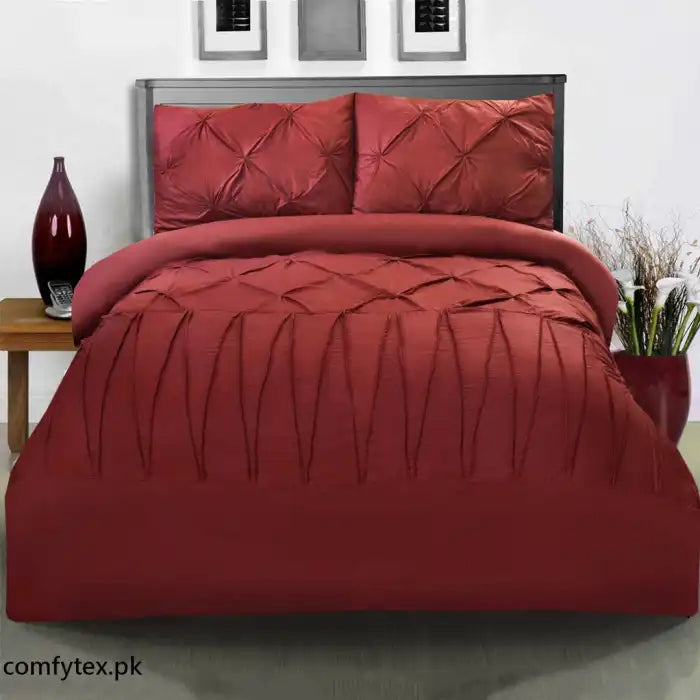 3 Pcs Pintuck & Cross Pleated Duvet Set - Red