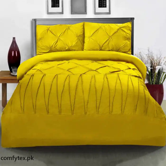 3 Pcs Pintuck & Cross Pleated Duvet Set - Yellow