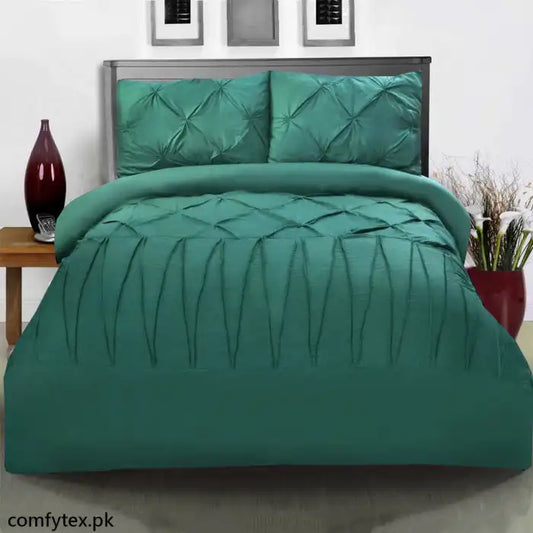 3 Pcs Row Cross Pleated Duvet Set -Dark Green