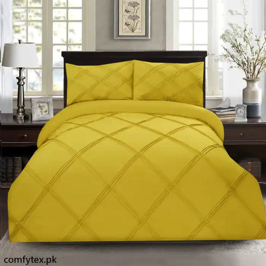 3 Pcs Row Cross Pleated Duvet Set - Yellow