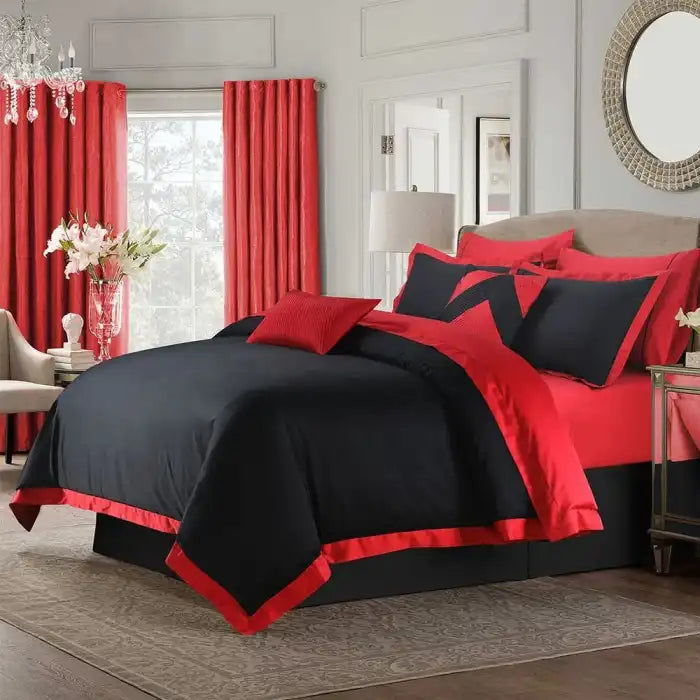 Embellish Horizontal Pleats Duvet Set Black Red Bedding