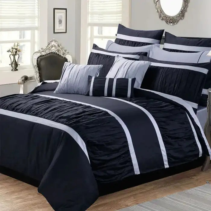 Embellish Horizontal Pleats Duvet Set Black White Bed Sheet Set