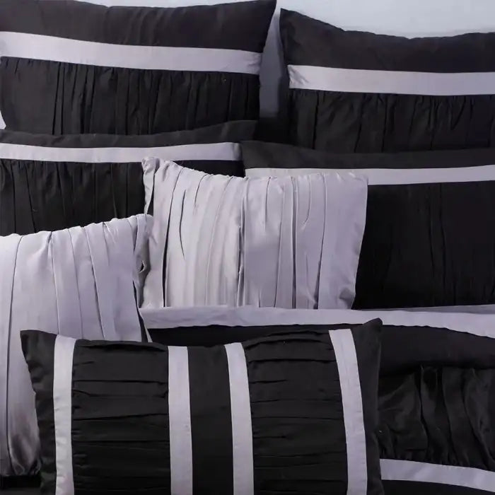 Embellish Horizontal Pleats Duvet Set Black White Bed Sheet Set