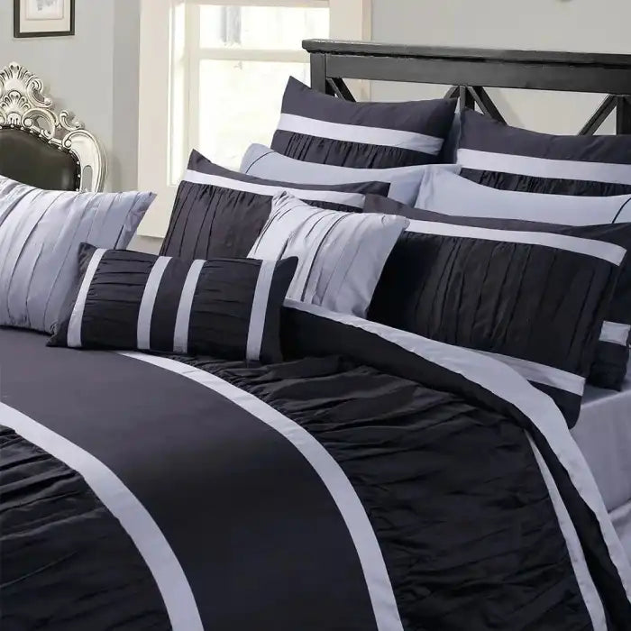 Embellish Horizontal Pleats Duvet Set Black White Bed Sheet Set