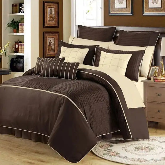 Embellish Horizontal Pleats Duvet Set Brown Cream Bed Sheet Set