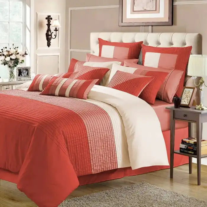 Embellish Horizontal Pleats Duvet Set Red Cream Bedding